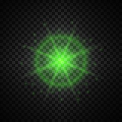 Vector green glowing lights on transparent background. Special effect light rays. Spark, star burst, flash. Spotlight flare. Illumination.