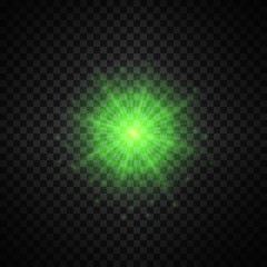 Vector green glowing lights on transparent background. Special effect light rays. Spark, star burst, flash. Spotlight flare. Illumination.