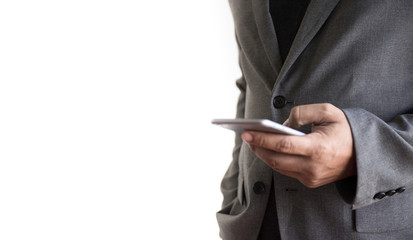 businessman working Happy holding smart phone and smiling. Looking phone and copy space