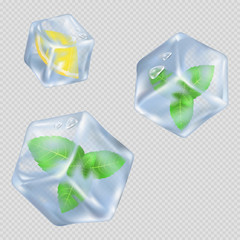 Fototapeta premium Ice Cubes with Mint Leaves and Lemon Illustration