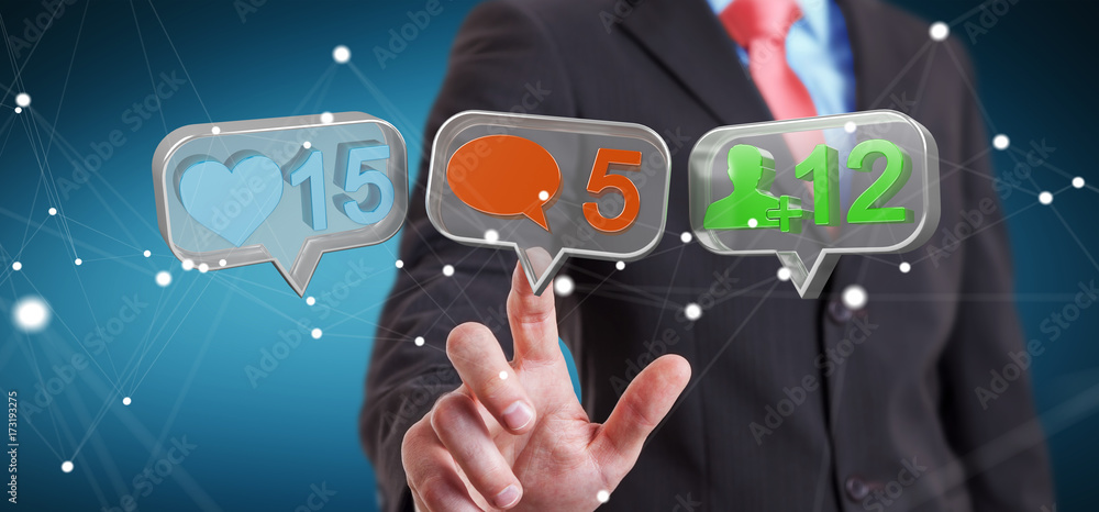 Poster businessman using digital colorful social media icons 3d rendering