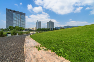 beautiful green meadow near modern office building.
