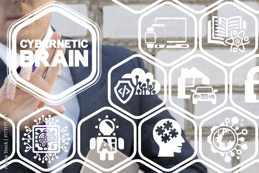 Poster cybernetic information technology concept. businessman presses cybernetic brain text button on a vir