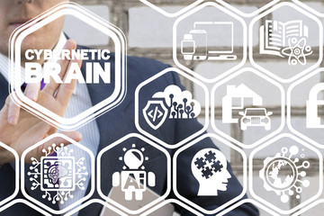 Fototapeta premium Cybernetic Information Technology concept. Businessman presses cybernetic brain text button on a virtual screen.