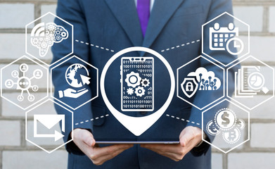 Man using tablet computer with binary digital numbers 0 1 smartphone location icon on a virtual...