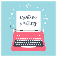 Retro Styled Typewriter with Sheet of Paper and Creative Writing Sign. Vector Design - 173198837
