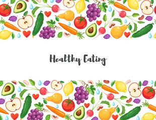 Healthy lifestyle poster with fresh fruits and vegetables on blackboard. Horizontal composition from food.