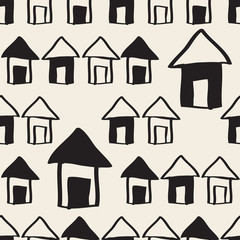 seamless monochrome hand drawn village with house ,sky and tree pattern background