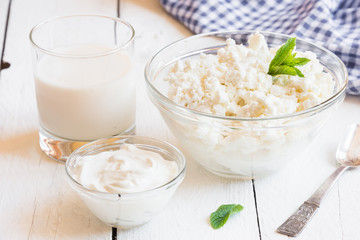 Diary products in glass bowls