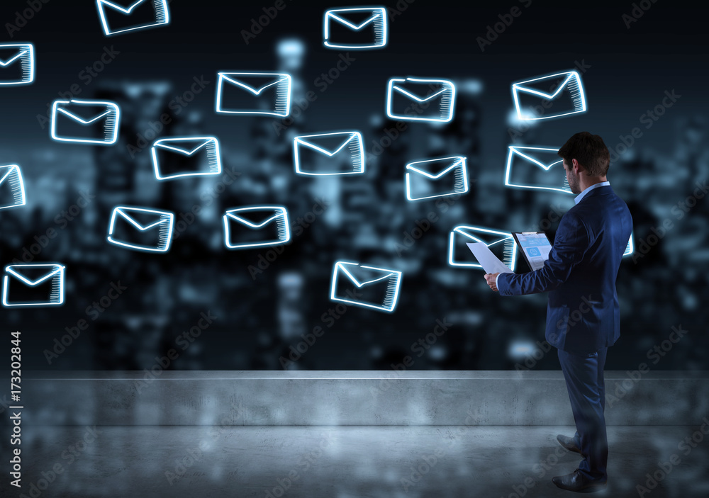Poster businessman watching question emails on a rooftop 3d rendering