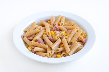 dish of whole italian pasta, traditional culinary speciality on white background