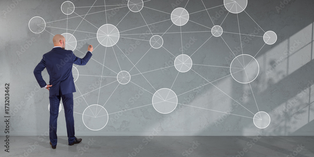 Poster Businessman using social network interface on a wall 3D rendering
