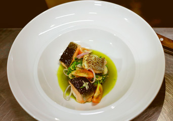 grilled fish with vegetables, Fried salmon fillet with vegetables, Grilled Salmon with Seafood Sauce on wooden table, art food, fusion food