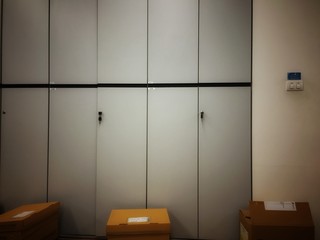 Office lockers and the keys with box on the floor