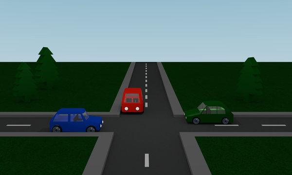 Kreuzung mit roten, grünen und blauen Auto