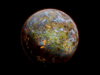 alien planet with intense  volcanic activities, isolated on black background