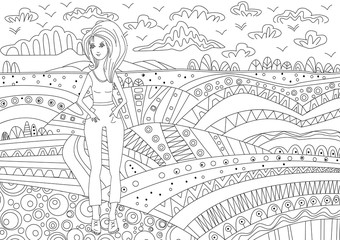 rustic scene with nice girl for coloring book