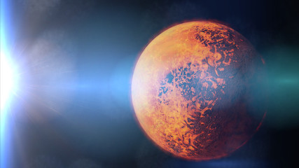 exoplanet TRAPPIST-1b, tidally locked alien planet lit by a nearby dwarf star - obrazy, fototapety, plakaty