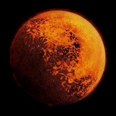 tidally locked exoplanet with a molten and a rocky side, isolated on black background