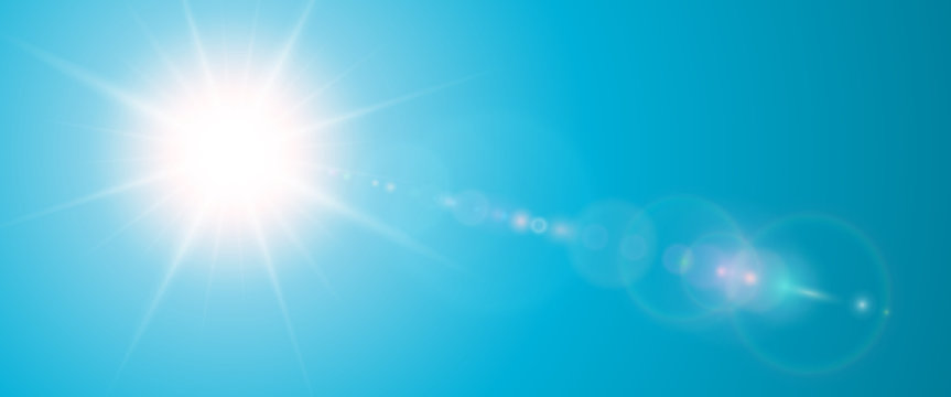 Sunny background, blue sun with lens flare