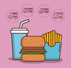 hamburger and french fries with food trucks icons around over pink background colorful design vector illustration