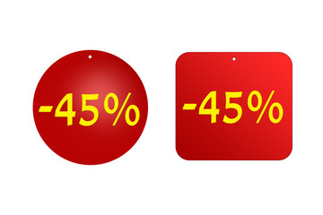 45 percent from red stickers on a white background. discounts and sales, holidays and education