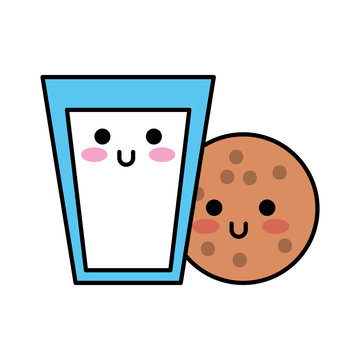 kawaii glass milk and cookie food cartoon