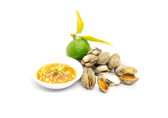 Cockle with dipping sauce on white background