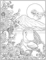 Japanese Landscape with Mount Fuji and tradition flowers and a b