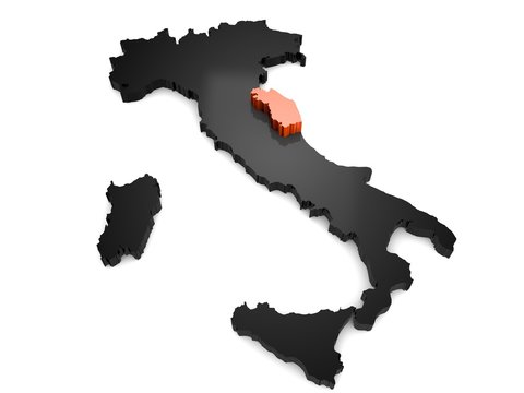 Italy 3d black and orange map, with Marche region highlighted. 3d render