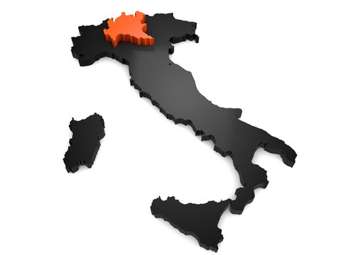 Italy 3d black and orange map, with Lombardy region highlighted. 3d render