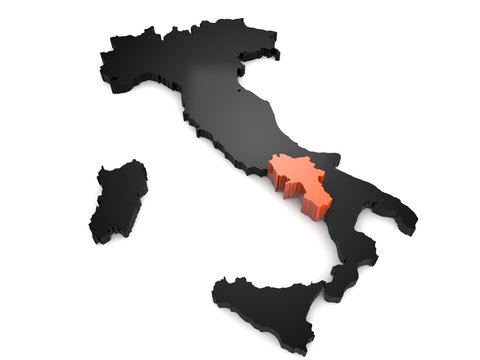 Italy 3d black and orange map, with Campania region highlighted 3d render