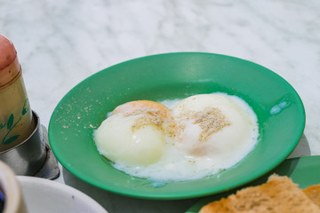 Singapore Breakfast Kaya Toast, Coffee bread and Half-boiled eggs
