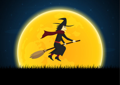 Halloween witch on broom moon graveyard