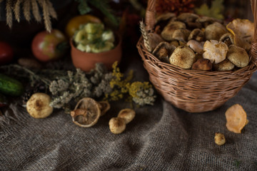 Still life from autumn nature gifts. mushrooms and vegetables