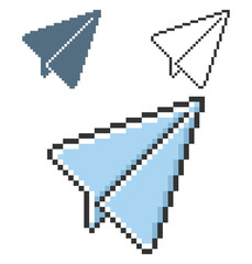 Pixel icon of paper plane in three variants. Fully editable