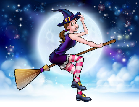 Halloween Witch Flying on Broomstick Scene