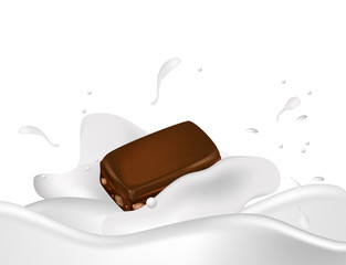 A piece of chocolate with nuts in the milk. Vector.