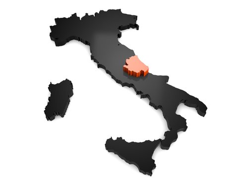 Italy 3d black and orange map, with Abruzzo region highlighted 3d render