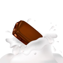 A piece of chocolate with nuts in the milk. Vector.
