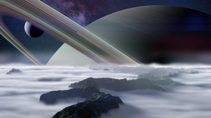 a view of planet Saturn as seen from one of its moons