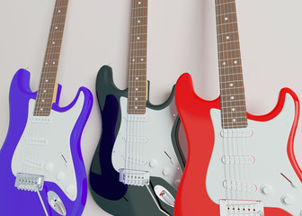 Fototapeta na wymiar three guitars with different colors close up view