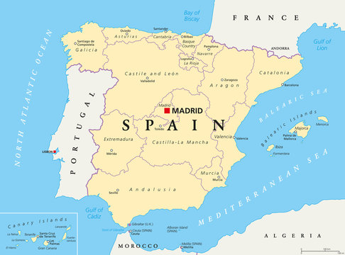 Spain administrative divisions political map. Autonomous communities and their capitals. Territorial organization, municipalities, provinces and subdivisions. English labeling. Illustration. Vector.