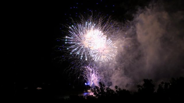 Fireworks on the waterfront in the city of Samara, Russia. The Volga River. Footage clip 4K.