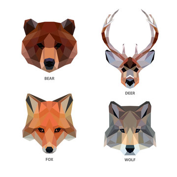 Vector polygonal animals set isolated on white. Low poly predators illustration. Color vector simple image.