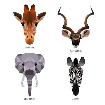 Vector polygonal animals set isolated on white. Low poly herbivores illustration. Color vector simple image.