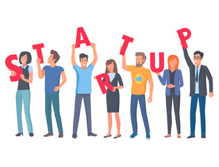 Fototapeta premium Young People Holding Capital Letters of Startup