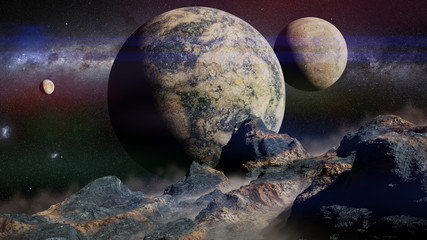 alien landscape with planet, moons and the Milky Way galaxy