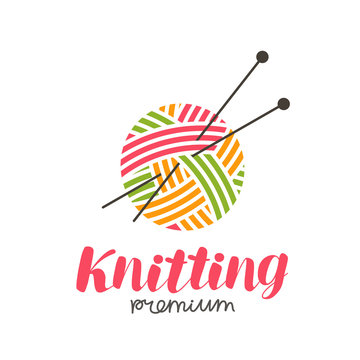 Knitting logo or label. Needlework, knit, ball of yarn and needles icon. Lettering vector illustration