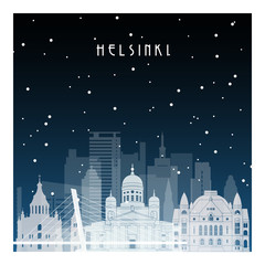 Winter night in Helsinki. Night city in flat style for banner, poster, illustration, game, background.